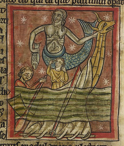 Riddle 74 Siren from Bestiary (1230-1240), f.47v_-_BL_Harley_MS_4751